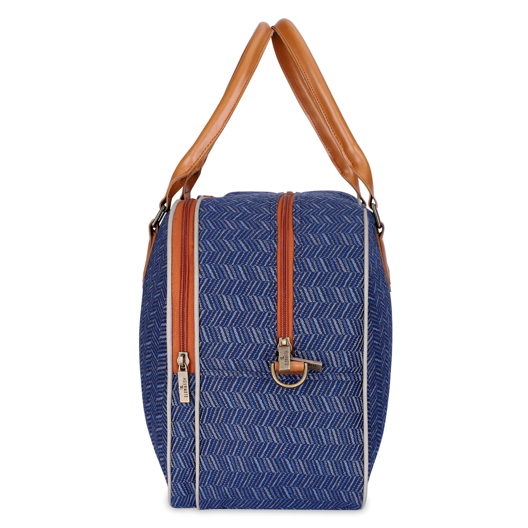 The Clownfish Ziana Series 24 litres Tapestry & Faux Leather Unisex Travel Duffle Bag Luggage Weekender Bag (Blue-Stripes)