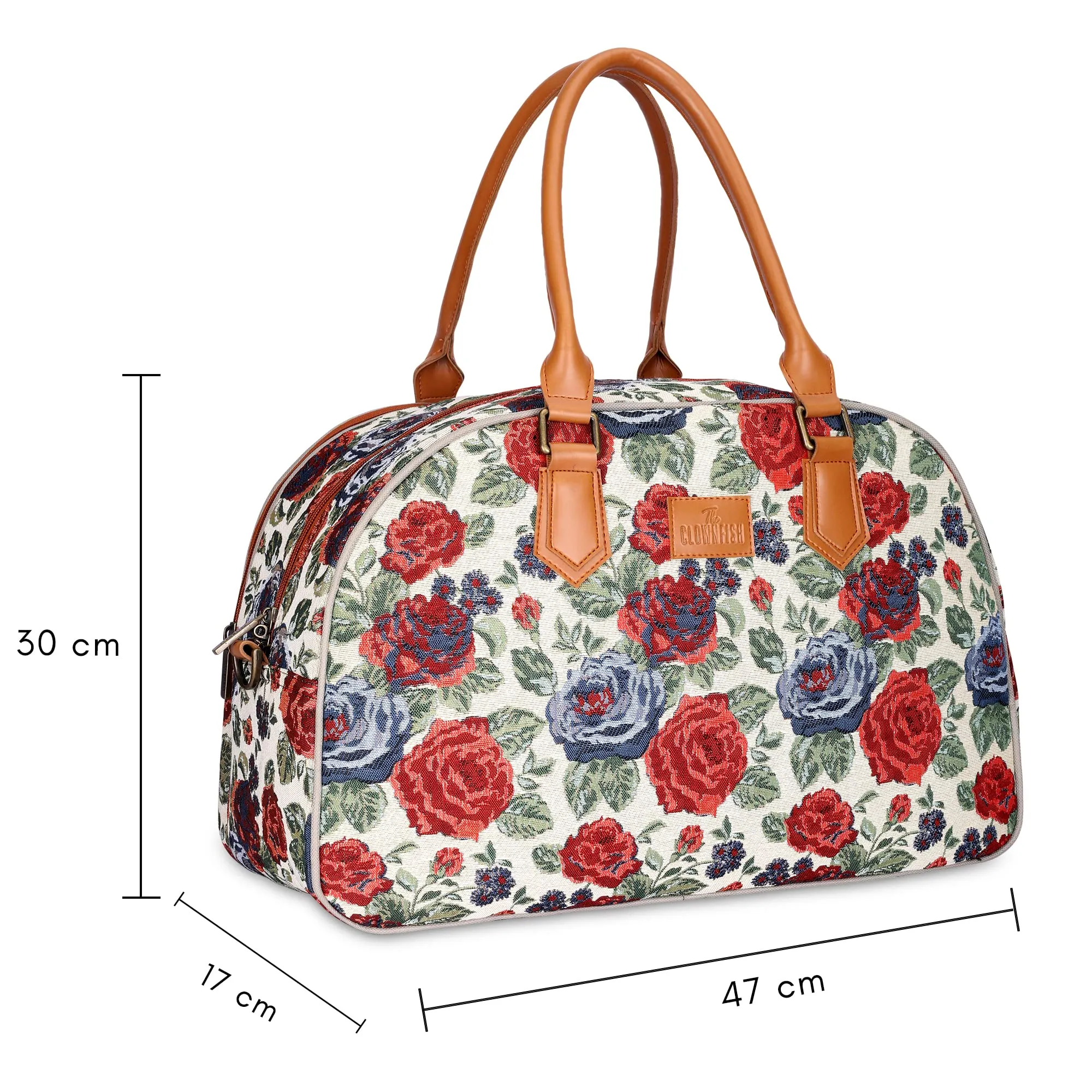 The Clownfish Ziana Series 24 litres Tapestry & Faux Leather Unisex Travel Duffle Bag Luggage Weekender Bag (Red-Floral)