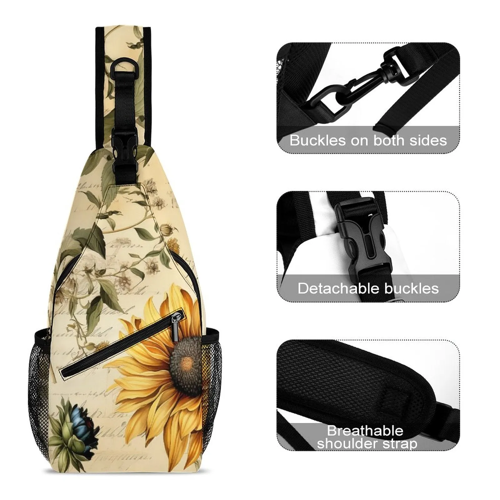 Unique Sunflower pattern Sling Bag, (All-Over Printing), Floral fan gift idea