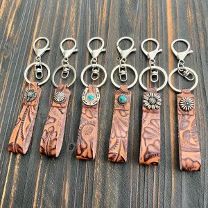 Weatern Turquoise Emboss Textured Leather Keychain