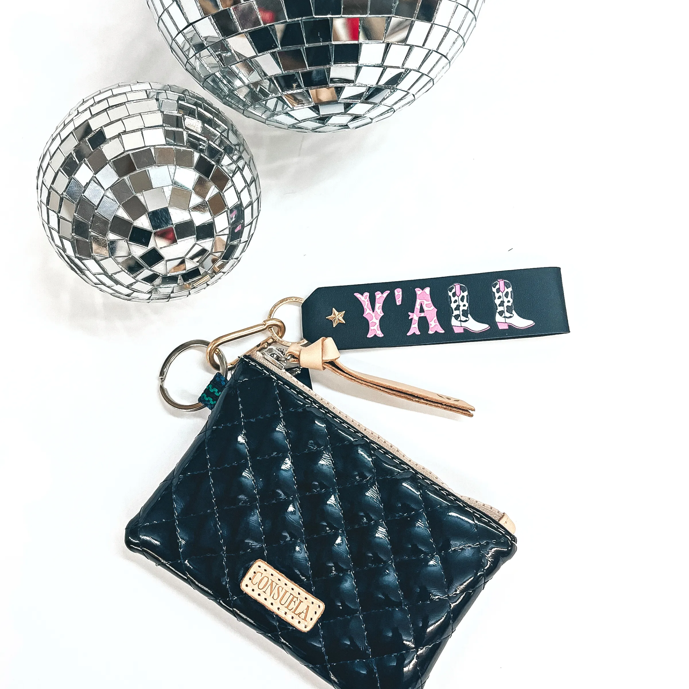 Y'ALL Cow Print Faux Leather Keychain in Black and Hot Pink