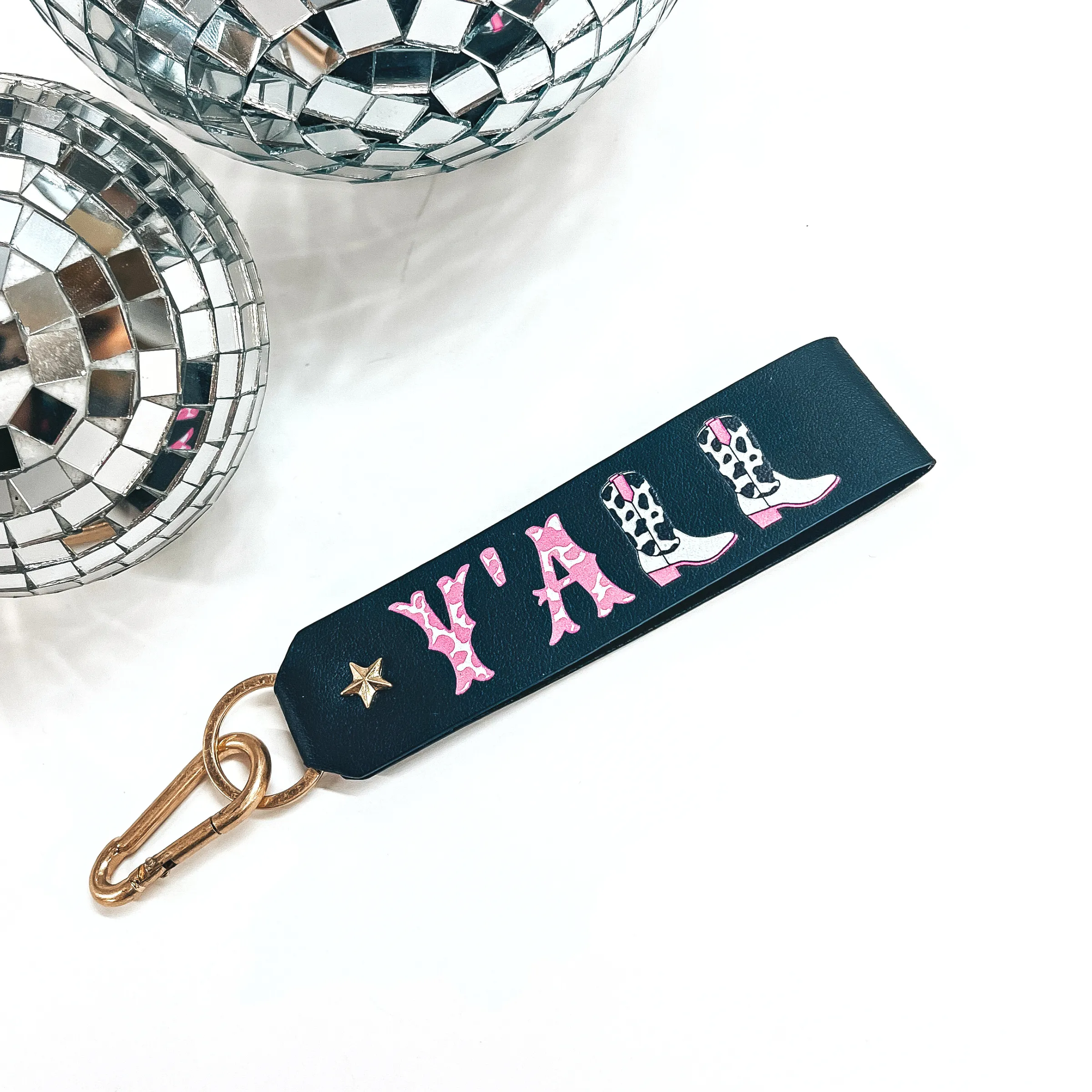 Y'ALL Cow Print Faux Leather Keychain in Black and Hot Pink